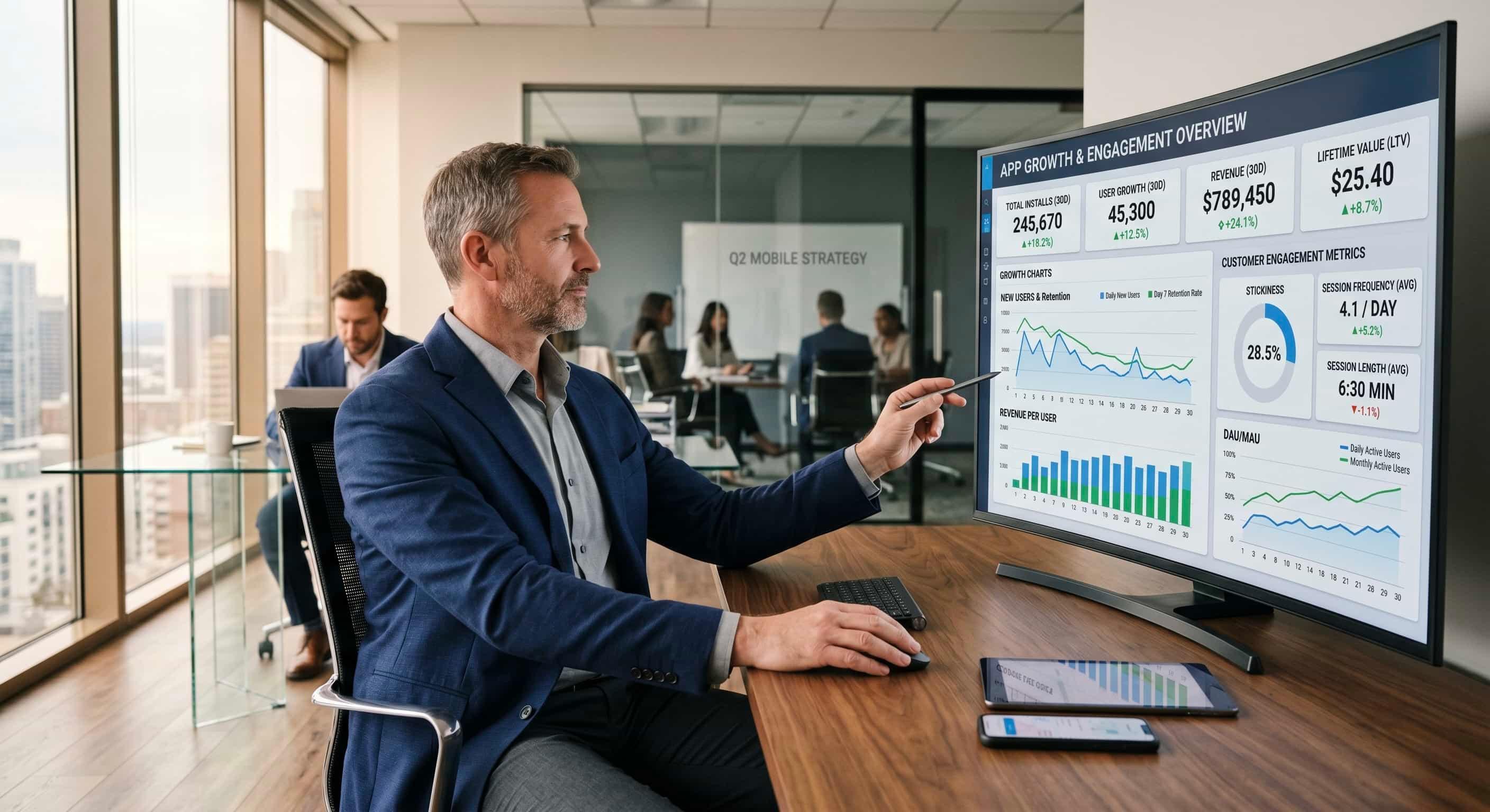 Business owner analysing app statistics for business growth in East London