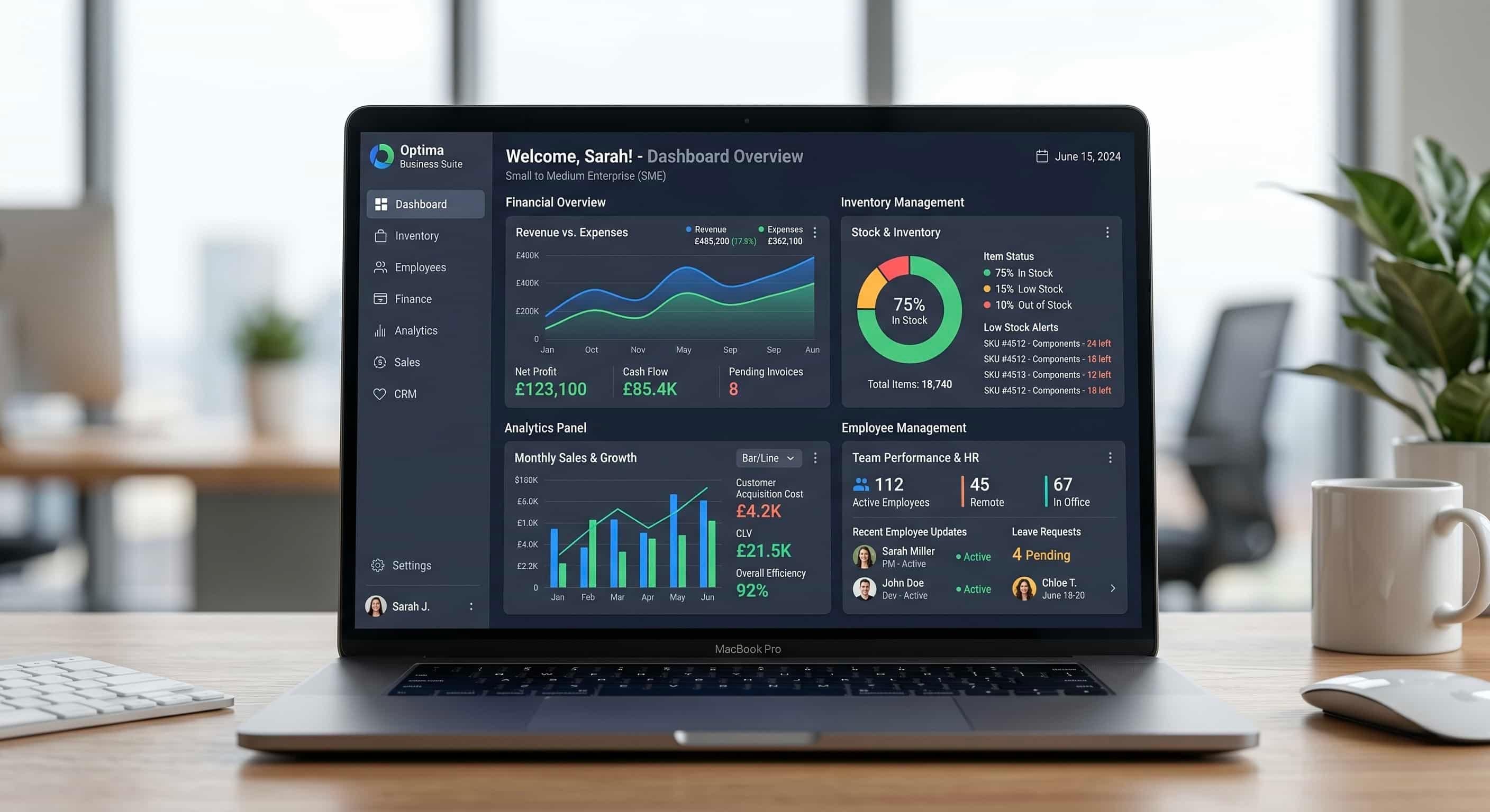 Custom ERP Management Software dashboard visualization for East London businesses